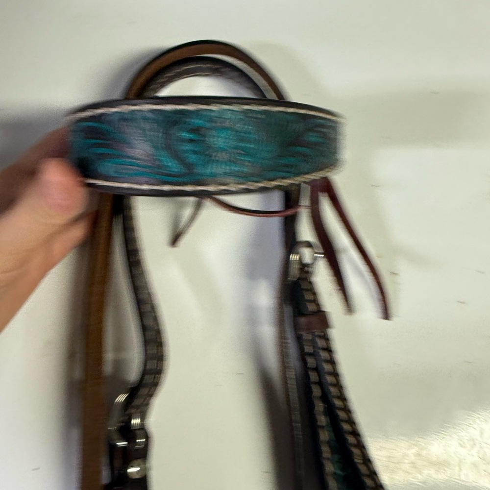 Brown and Teal Leather Horse Bridle - Picture 3 of 4